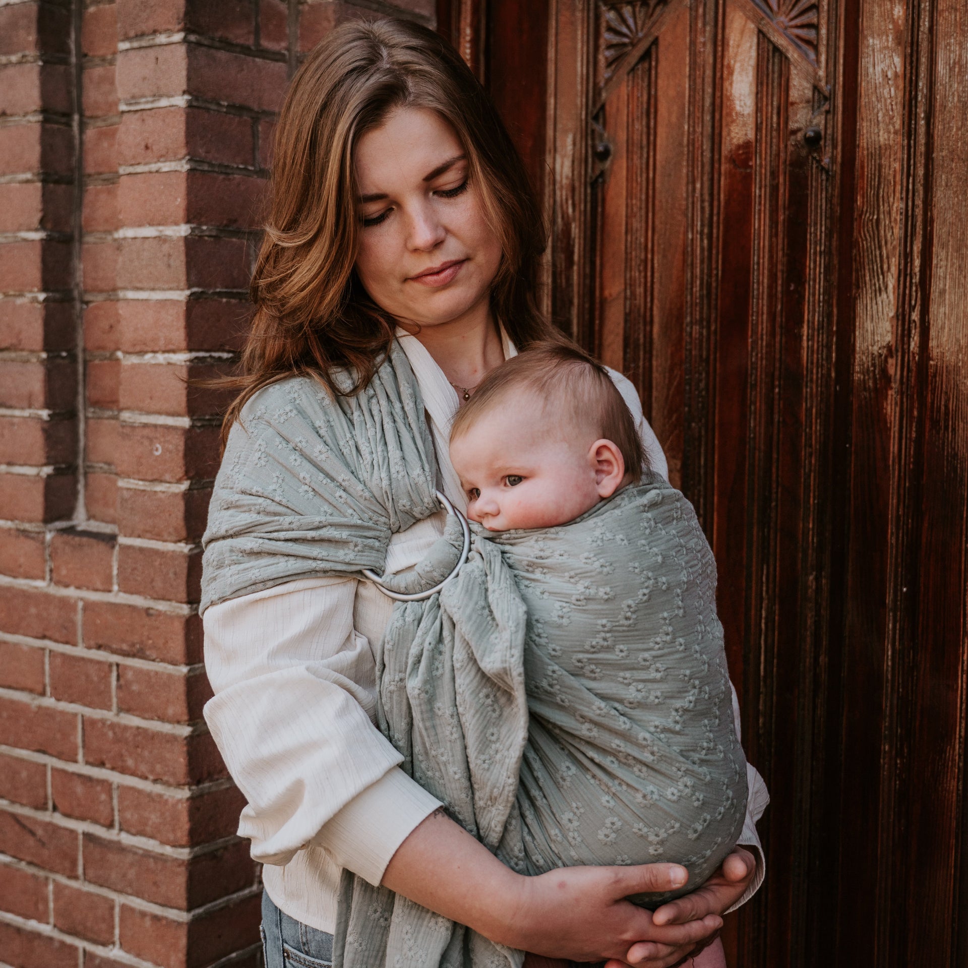 Ringsling katoen Daisy green Bay natural cosy kids
